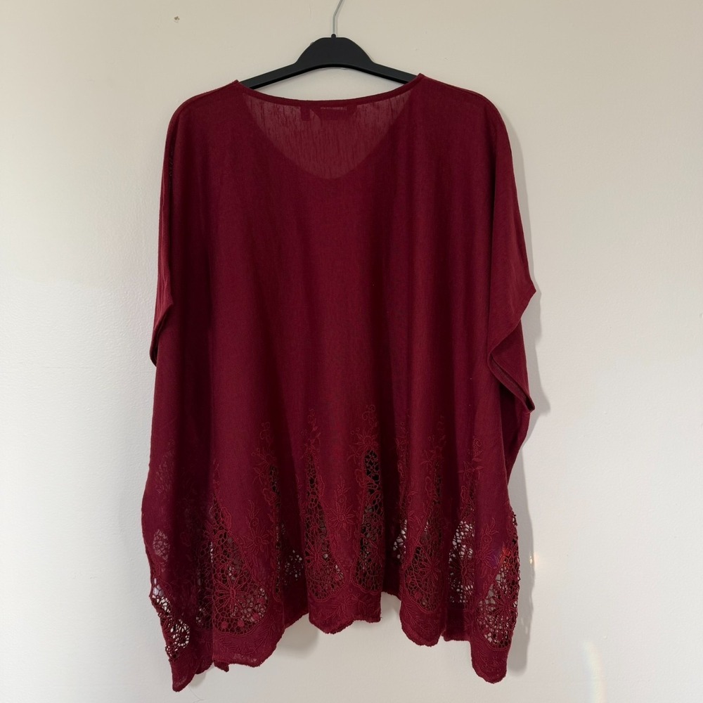 Ulla Popken Embroidered Pullover Poncho‎ Style Blouse Red Plus Size 2 Oversized - Picture 3 of 11